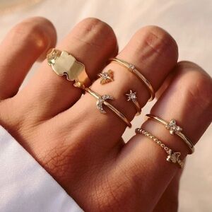 𝅺GOLD Star & Moon 6pc Ring Set
